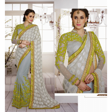 Superb Grey Colored Embroidered Chiffon Net Saree